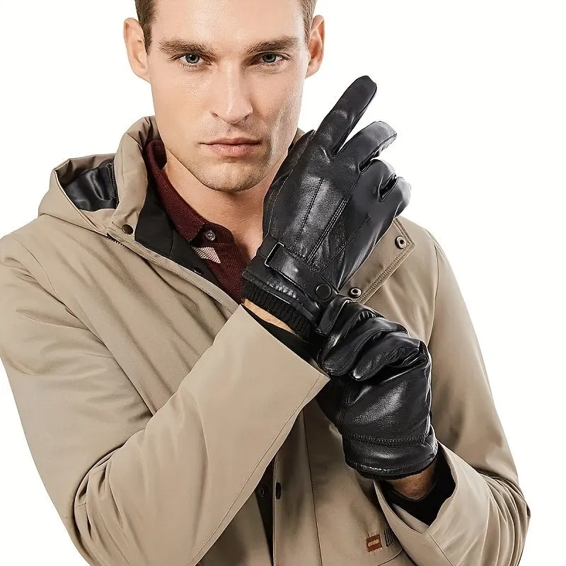 2-Pack of Warm & Touchscreen Men's Faux Leather Gloves for Winter Outdoor Driving & Cycling, Washable Non-Woven Material with Button Closure, Ideal Gift
