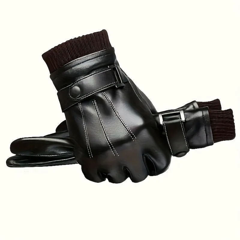 2-Pack of Warm & Touchscreen Men's Faux Leather Gloves for Winter Outdoor Driving & Cycling, Washable Non-Woven Material with Button Closure, Ideal Gift