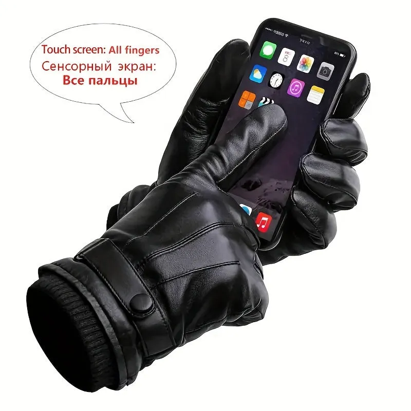 2-Pack of Warm & Touchscreen Men's Faux Leather Gloves for Winter Outdoor Driving & Cycling, Washable Non-Woven Material with Button Closure, Ideal Gift