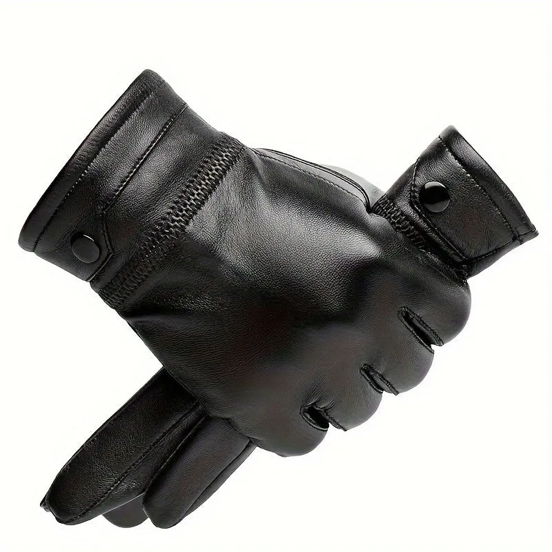 2-Pack of Warm & Touchscreen Men's Faux Leather Gloves for Winter Outdoor Driving & Cycling, Washable Non-Woven Material with Button Closure, Ideal Gift