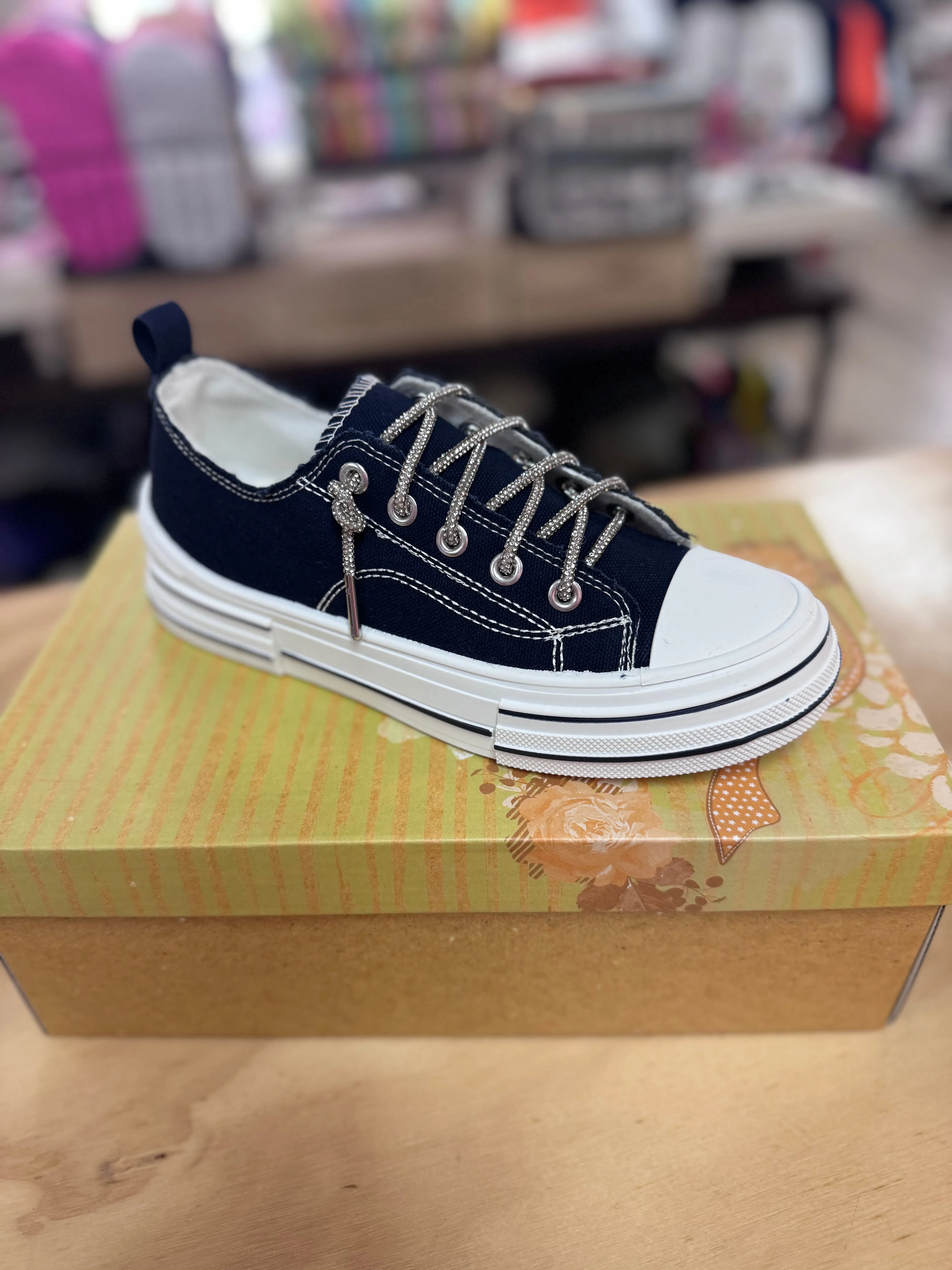 Aman Shoes- Navy High-Tops W/ Rhinestone Laces