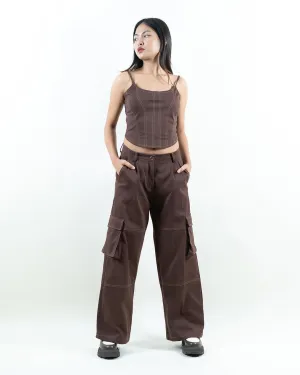 Autumn Trend Corset Style Crop Top & Y2K Baggy Fit Women Cargo In Chocolate Brown