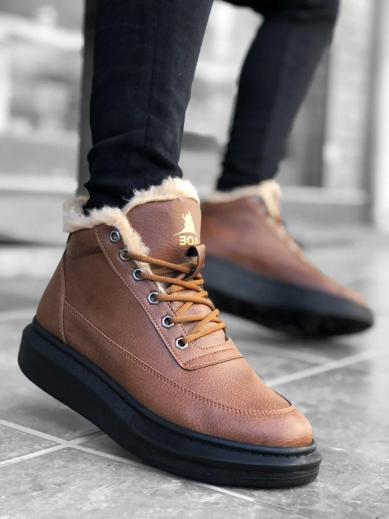 BA0151 Shearling Lace-up Tan Men's Style Sport Boots