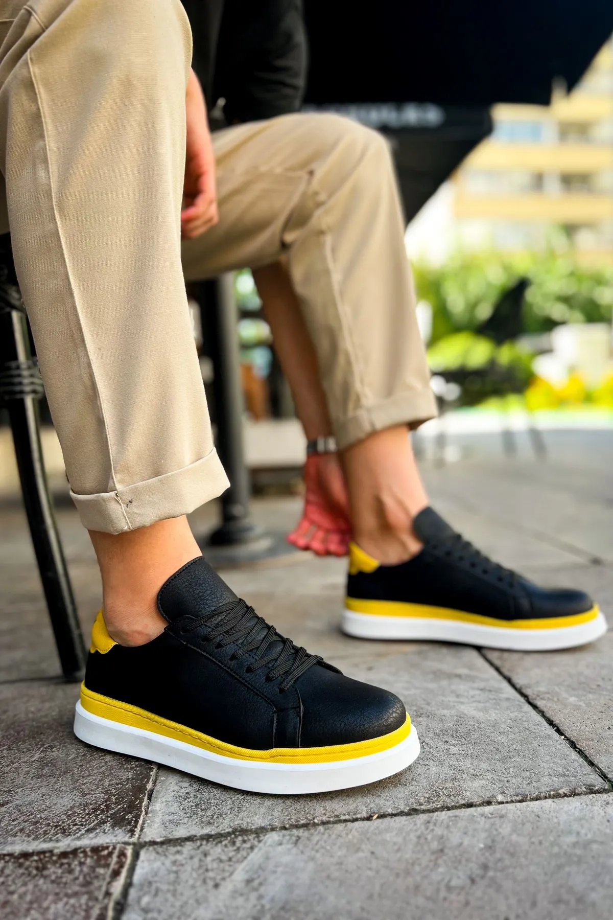 CH979 Santoni GBT Sport Men's Sneakers Shoes BLACK/YELLOW