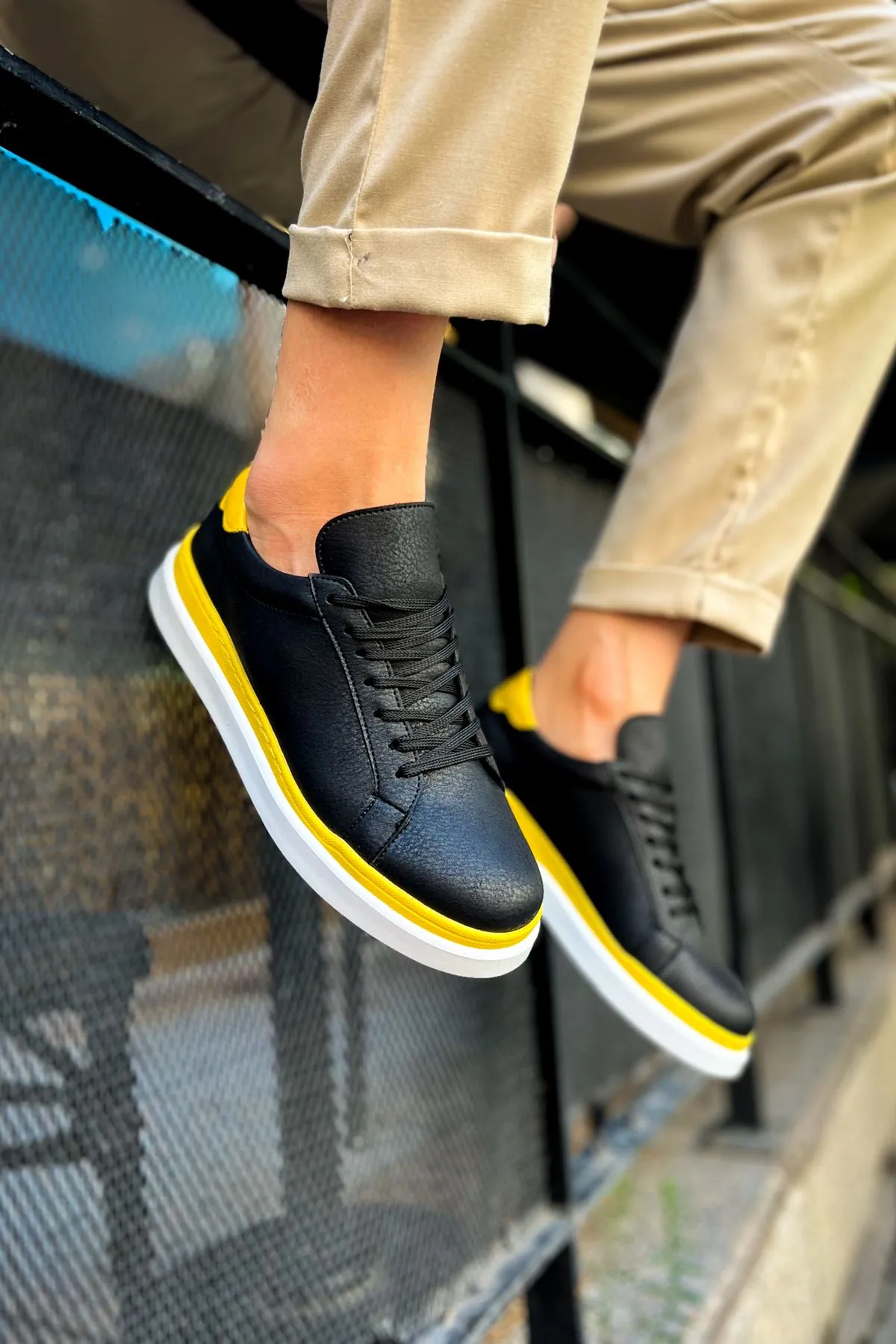 CH979 Santoni GBT Sport Men's Sneakers Shoes BLACK/YELLOW