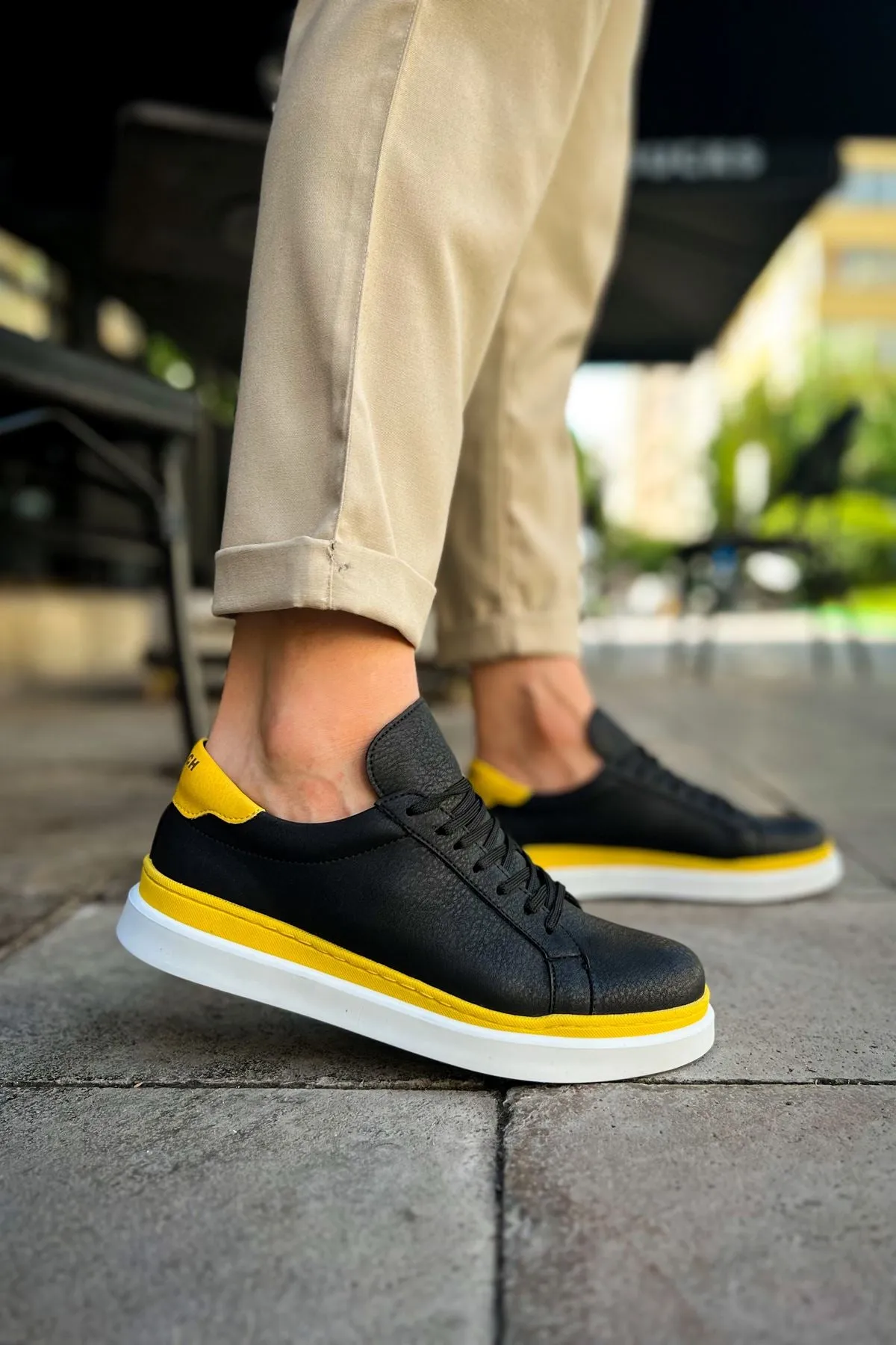 CH979 Santoni GBT Sport Men's Sneakers Shoes BLACK/YELLOW