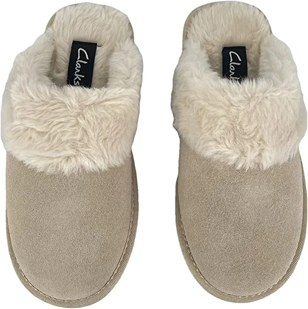 Clarks Open Back Suede Leather Comfort JMS0583C - Plush Faux Fur Trim - Indoor Outdoor House Slippers