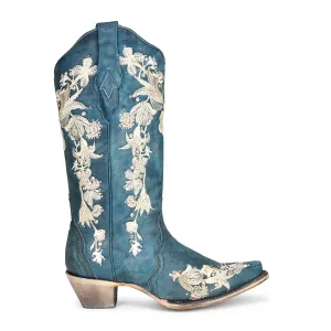 Corral Womens A4361 Navy Blue Leather 13in White Floral Cowboy Boots 9 M