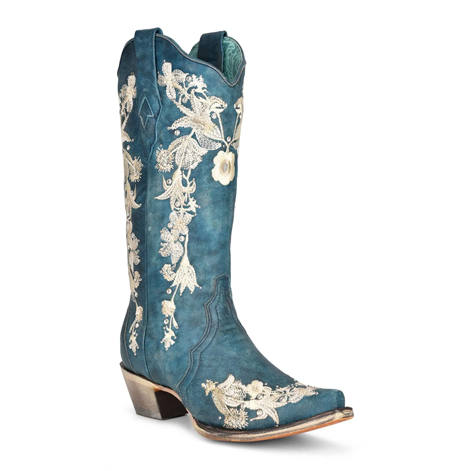 Corral Womens A4361 Navy Blue Leather 13in White Floral Cowboy Boots 9 M