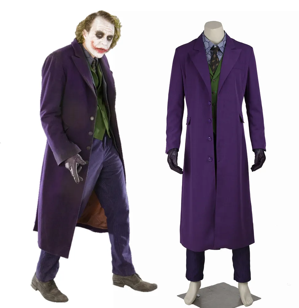 DC Batman: The Dark Knight Joker Cosplay Costume Trench Coat Vest Shirt Pants Tie Gloves without Suit for Halloween Carnival
