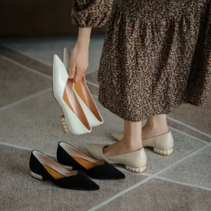 French Retro Chunky Heel Patent Leather Pearl Women's Shoes