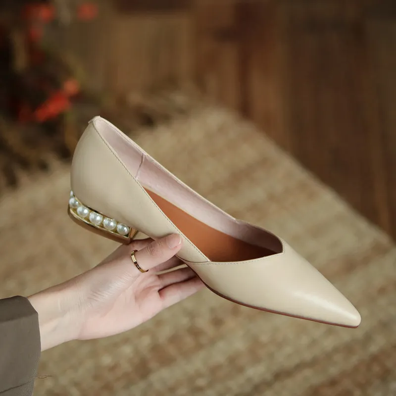 French Retro Chunky Heel Patent Leather Pearl Women's Shoes