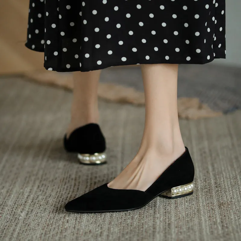 French Retro Chunky Heel Patent Leather Pearl Women's Shoes