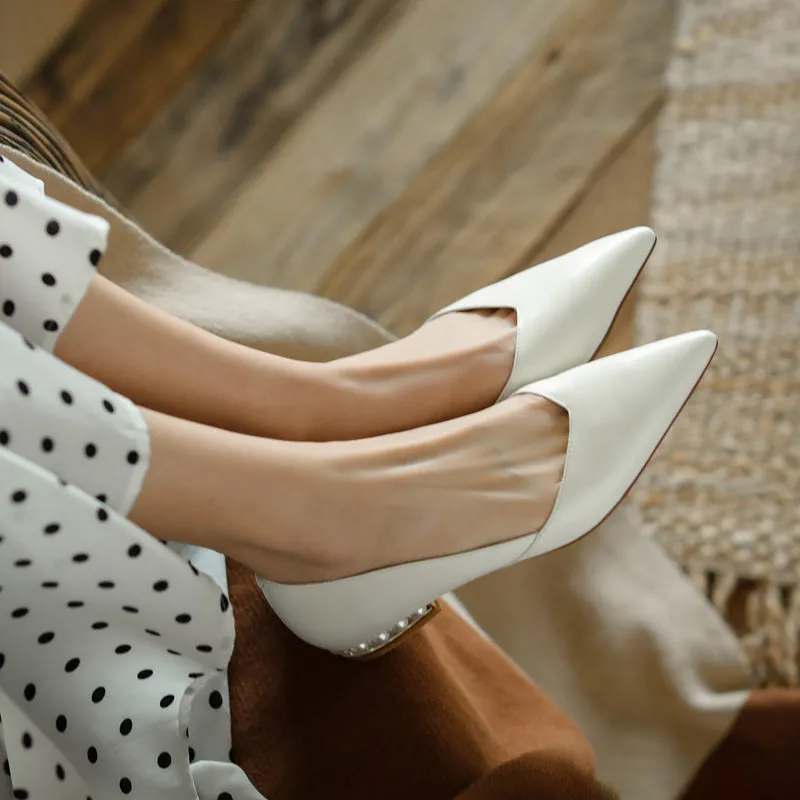 French Retro Chunky Heel Patent Leather Pearl Women's Shoes