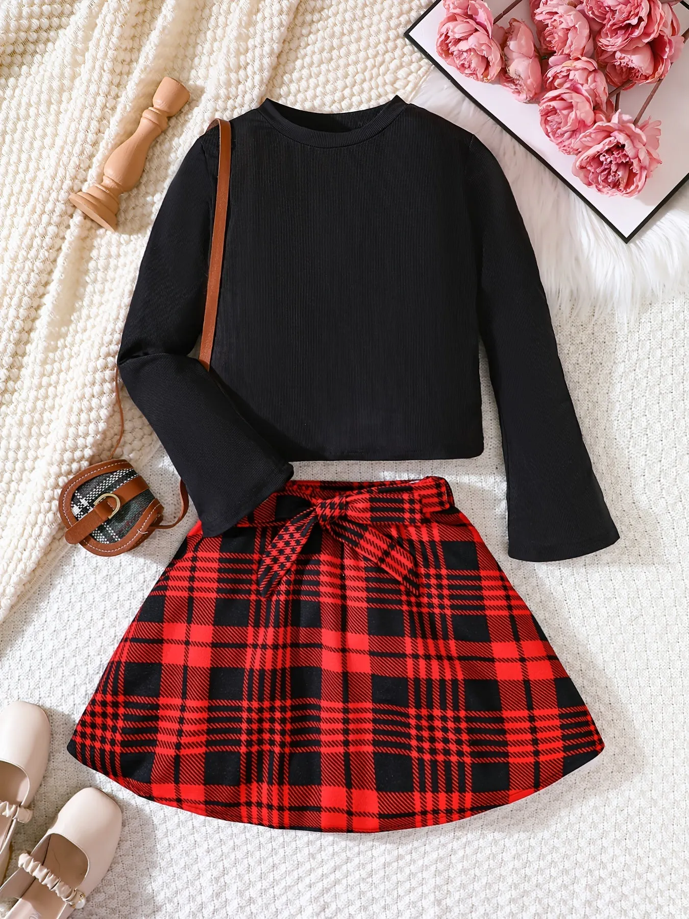 Girls 2pc Elegant Flare Long Sleeve Pullover   Plaid Skirt With Bow Belt Set Kids Clothes Spring Fall Christmas Gift Outdoor Wear