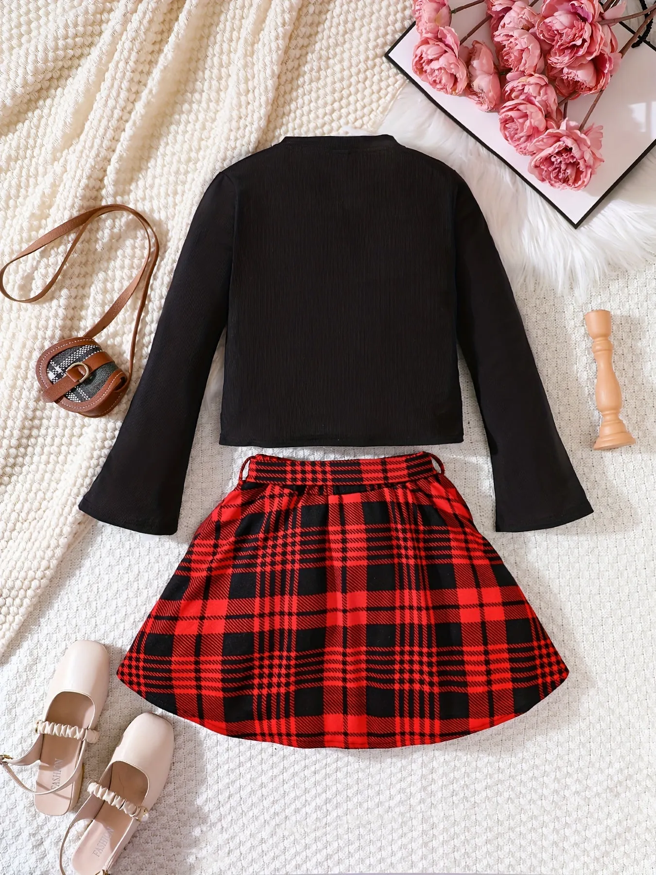 Girls 2pc Elegant Flare Long Sleeve Pullover   Plaid Skirt With Bow Belt Set Kids Clothes Spring Fall Christmas Gift Outdoor Wear