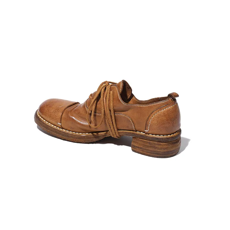 Goodyear Horse Leather Derby Shoes For Women Retro Lace Up Block Oxfords Leather Sole in Black/Brown
