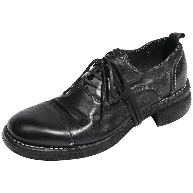 Goodyear Horse Leather Derby Shoes For Women Retro Lace Up Block Oxfords Leather Sole in Black/Brown