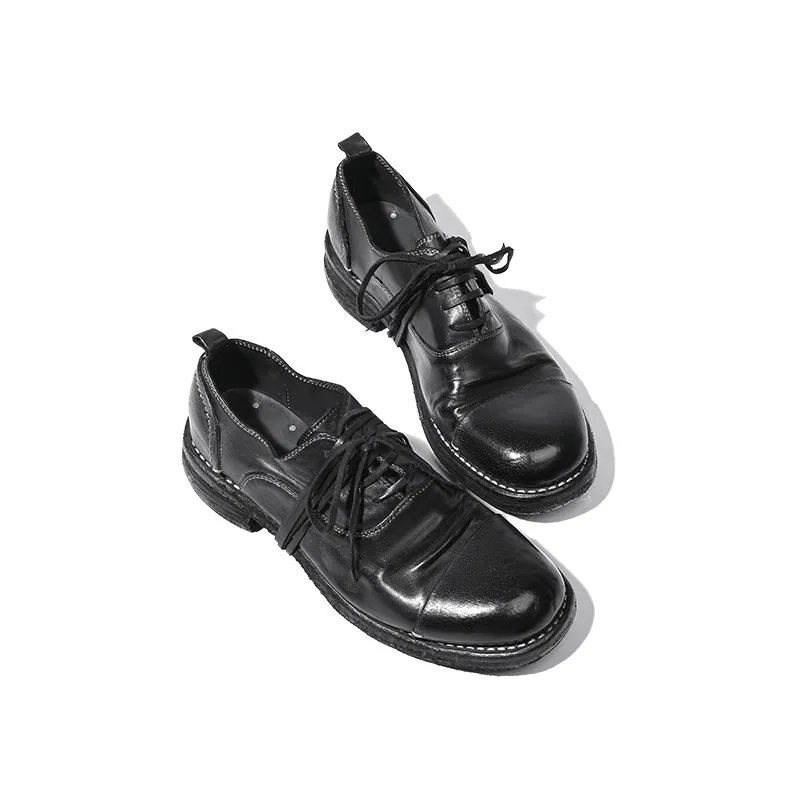 Goodyear Horse Leather Derby Shoes For Women Retro Lace Up Block Oxfords Leather Sole in Black/Brown