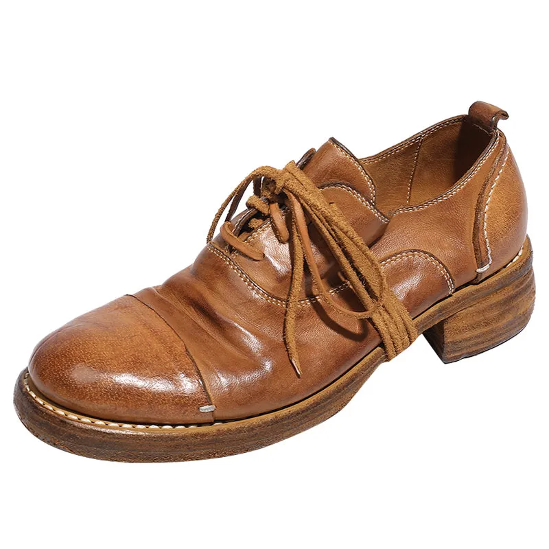Goodyear Horse Leather Derby Shoes For Women Retro Lace Up Block Oxfords Leather Sole in Black/Brown