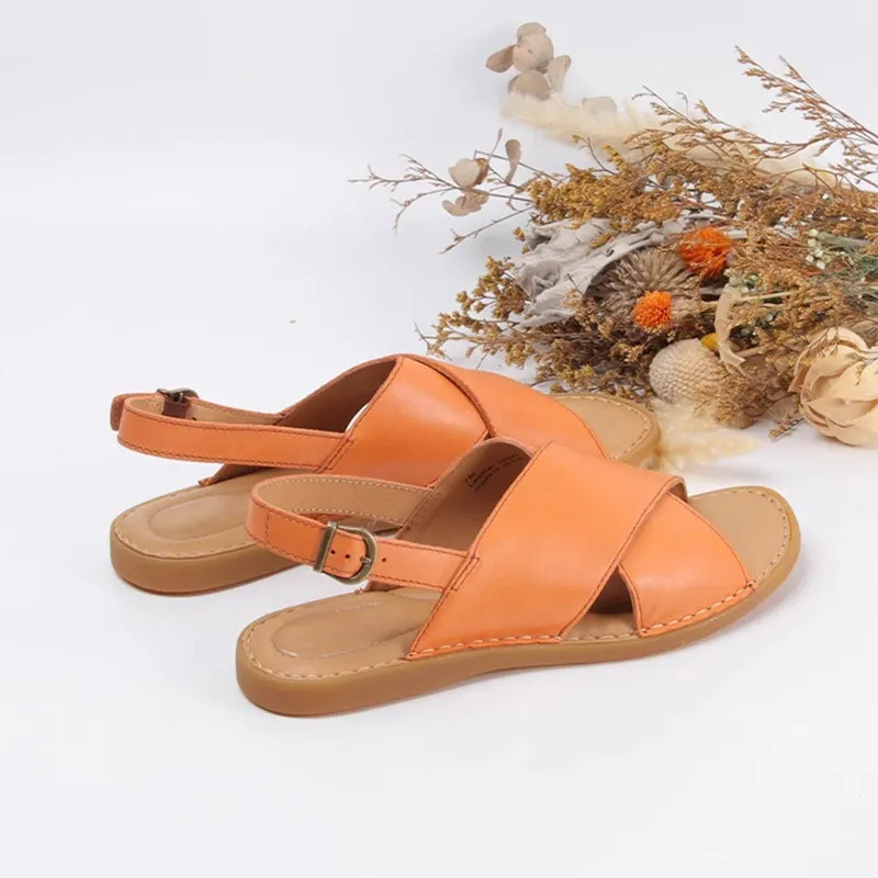 Handmade Leather Peep Toe Sandals For Women X Strap in Orange/Black/Beige