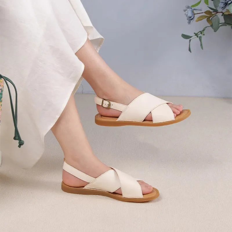 Handmade Leather Peep Toe Sandals For Women X Strap in Orange/Black/Beige