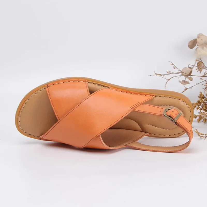 Handmade Leather Peep Toe Sandals For Women X Strap in Orange/Black/Beige