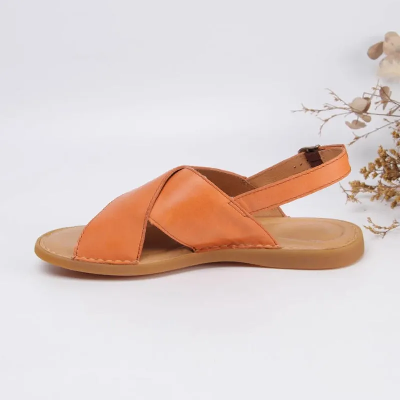 Handmade Leather Peep Toe Sandals For Women X Strap in Orange/Black/Beige