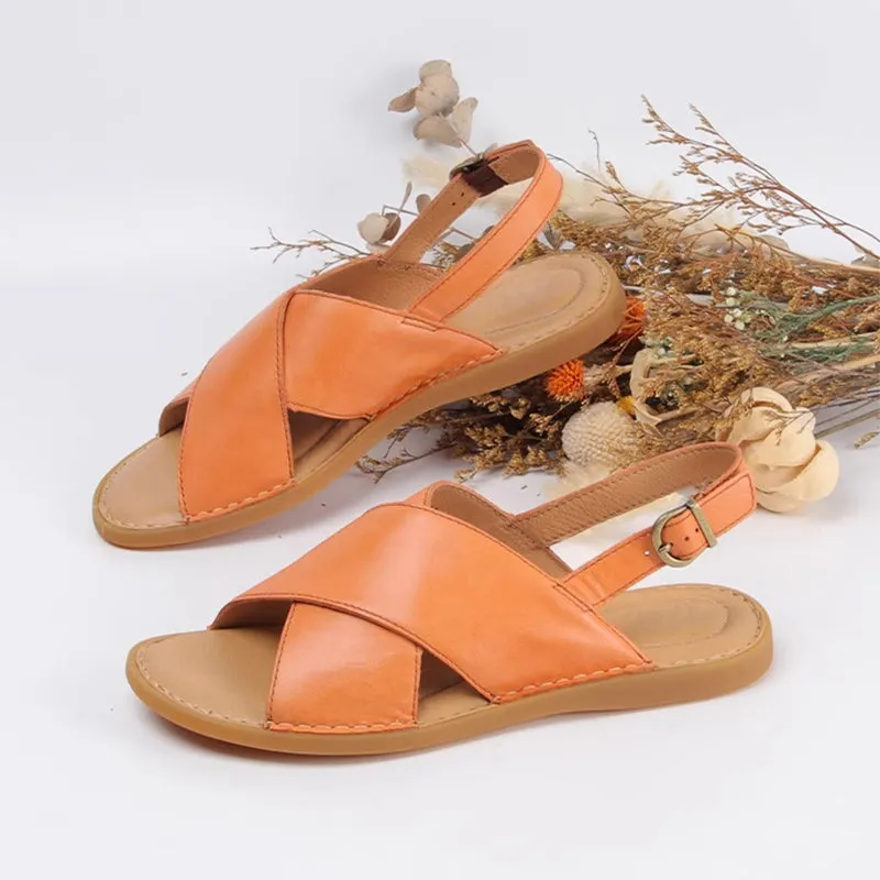 Handmade Leather Peep Toe Sandals For Women X Strap in Orange/Black/Beige