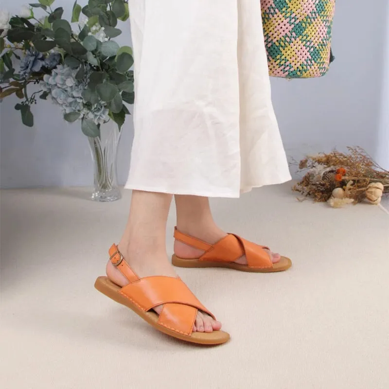Handmade Leather Peep Toe Sandals For Women X Strap in Orange/Black/Beige