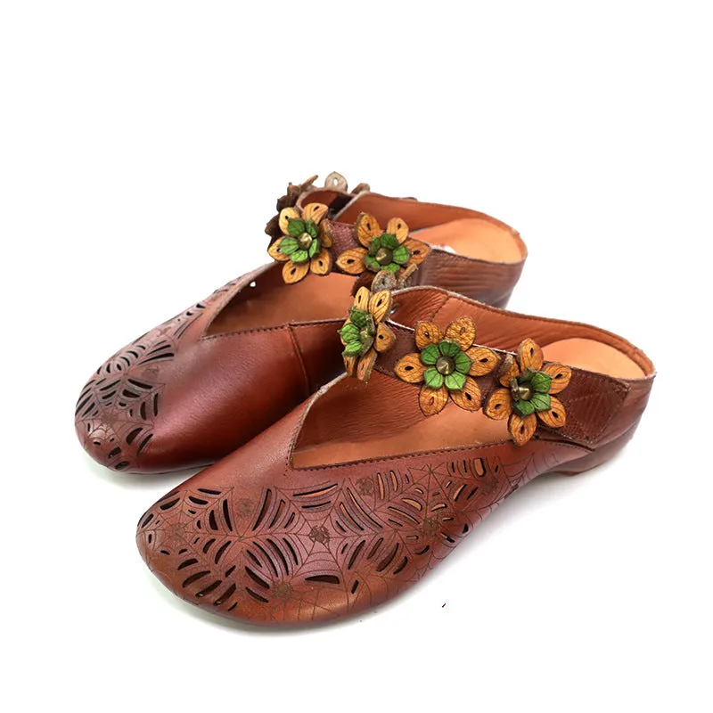 Retro Leather Slide Sandals Summer Slippers Handmade Mules Flowers  Coffee/Purple