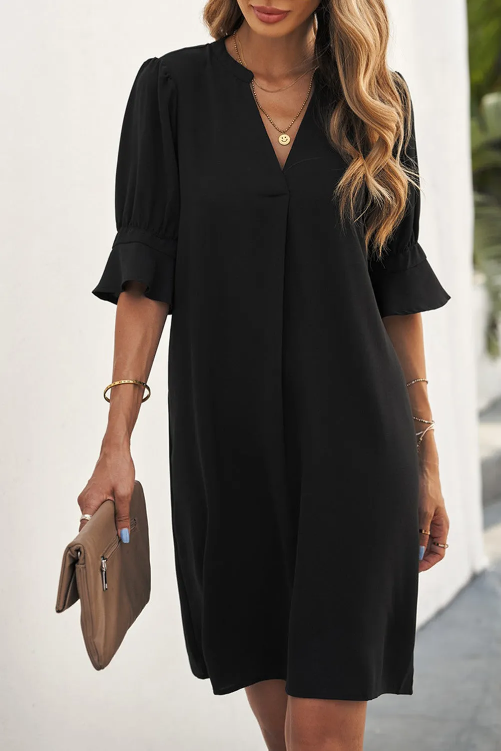 Ruffle 3/4 Sleeve V-Neck Dress