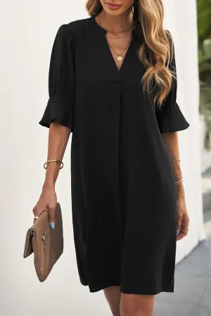 Ruffle 3/4 Sleeve V-Neck Dress
