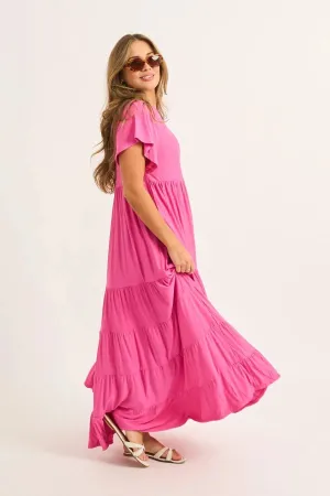 Slinky To Touch Baby Doll Tiered Maxi Dress - Candy Pink