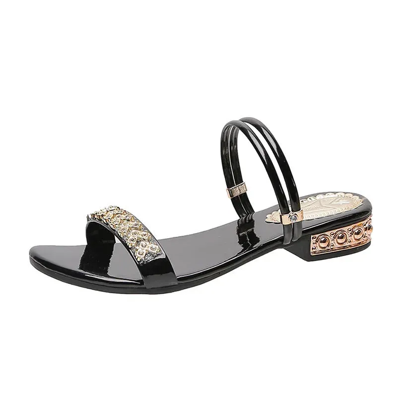 The New Sandals Women Summer Fashion Elegant Non-Slip Crystal luxury Ladies Slippers Rivet Rhinestone Low Heels