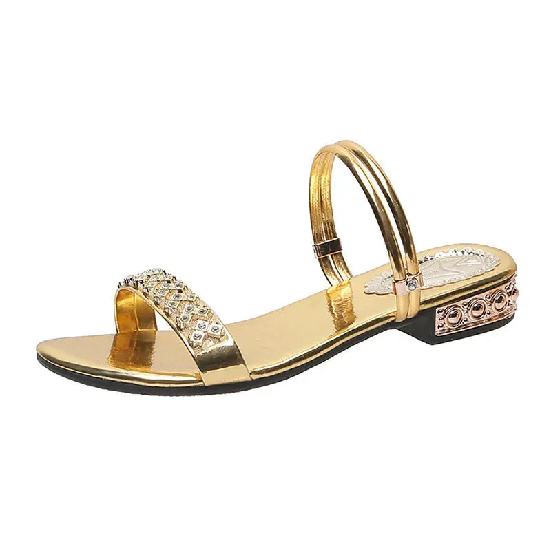 The New Sandals Women Summer Fashion Elegant Non-Slip Crystal luxury Ladies Slippers Rivet Rhinestone Low Heels