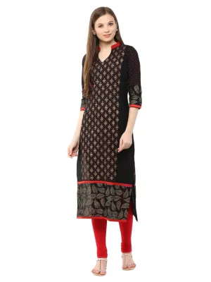 Women Black And Golden Ajrakh Hand Block Cotton Printed Straight Kurta