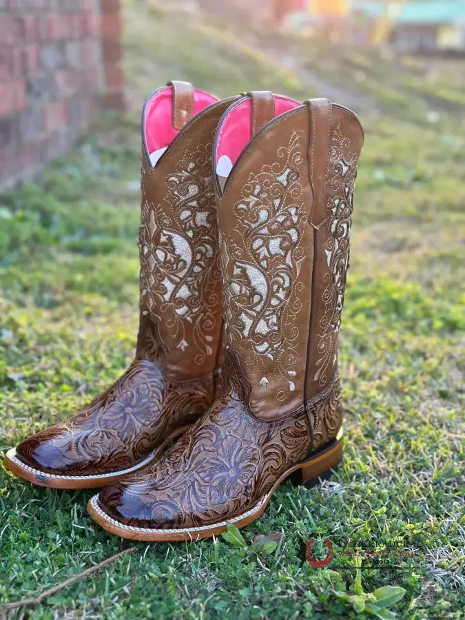 WOMENS FLOR DE LUZ ALMA HAND TOOLED HONEY SQUARE TOE