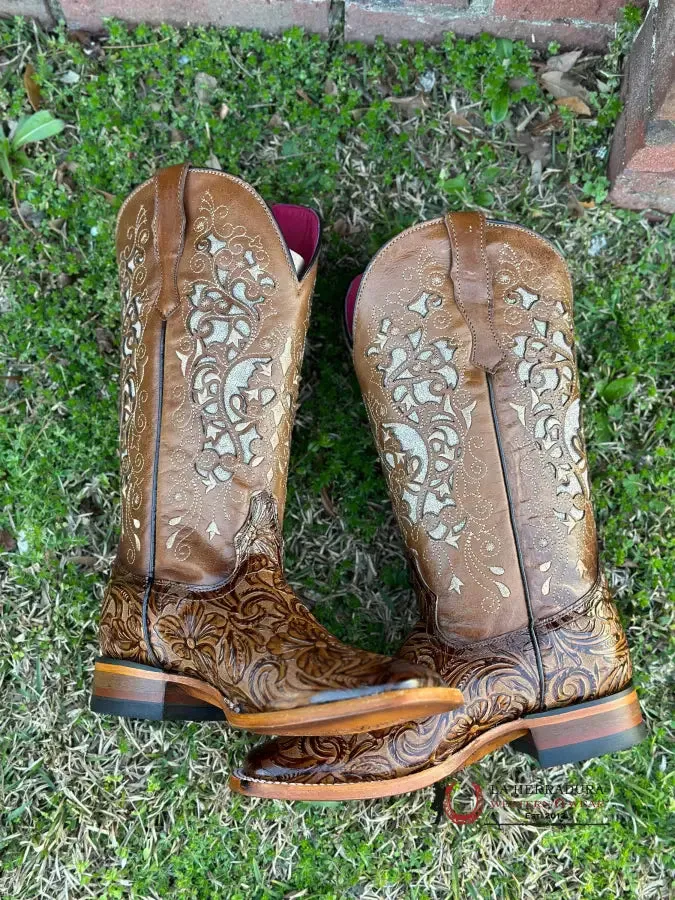 WOMENS FLOR DE LUZ ALMA HAND TOOLED HONEY SQUARE TOE
