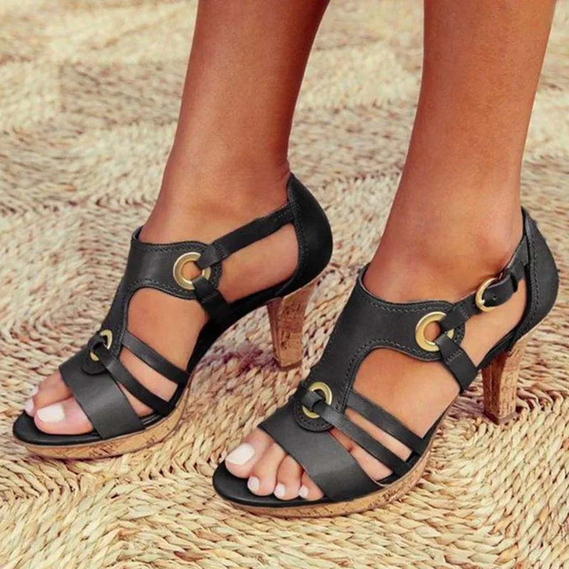 Women's Roman Sandals – Open Toe Pointed Leather Black Heels for Summer 2025, Outdoor Leisure Sandals